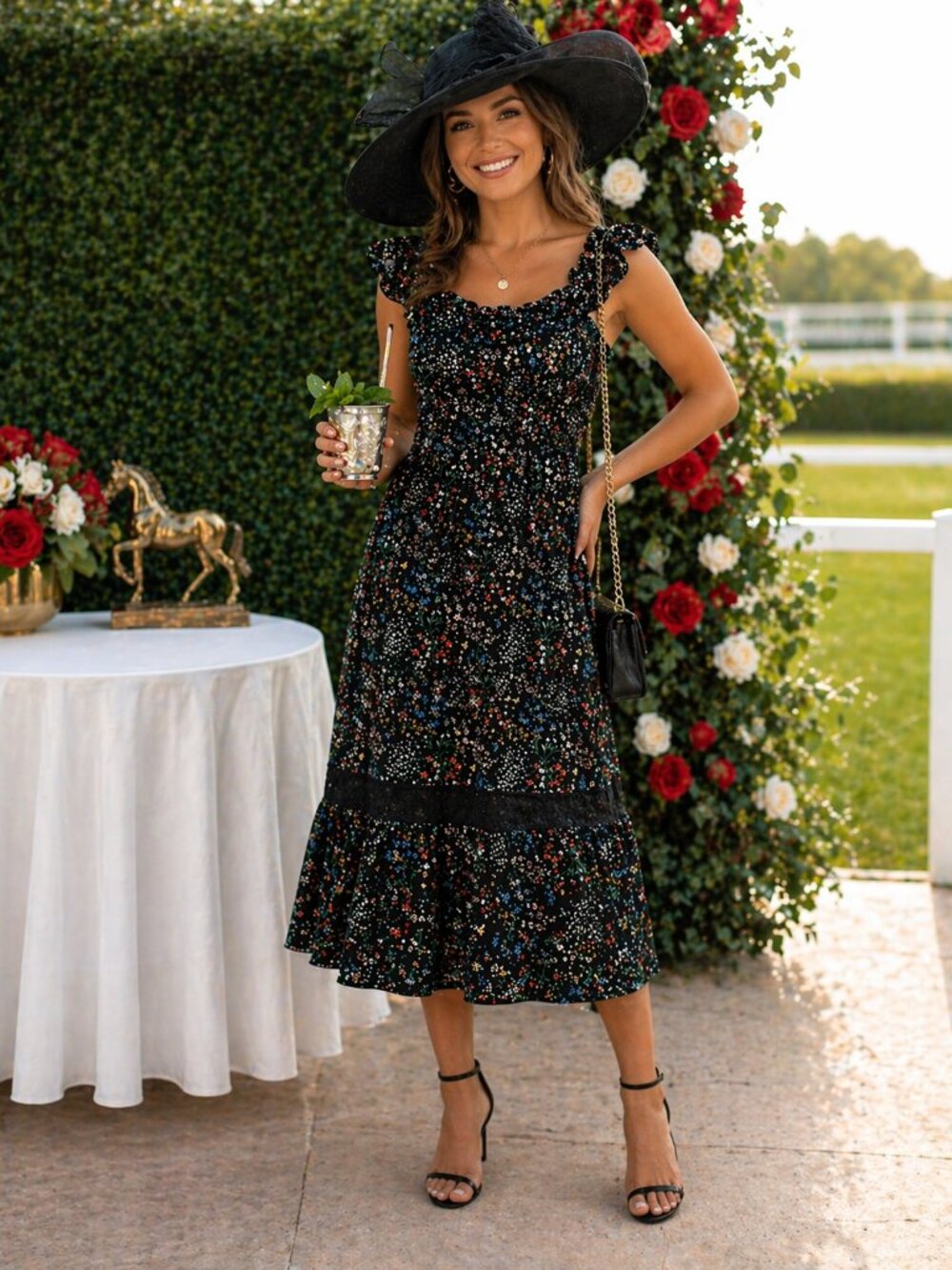 Floral Boho Peasant Tiered Ruffle Hem & Lace Dress Neckline Hem Coquette